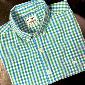 Express Button Up Shirt Mens Medium Cool Tones Plaid Fitted Preppy Casual